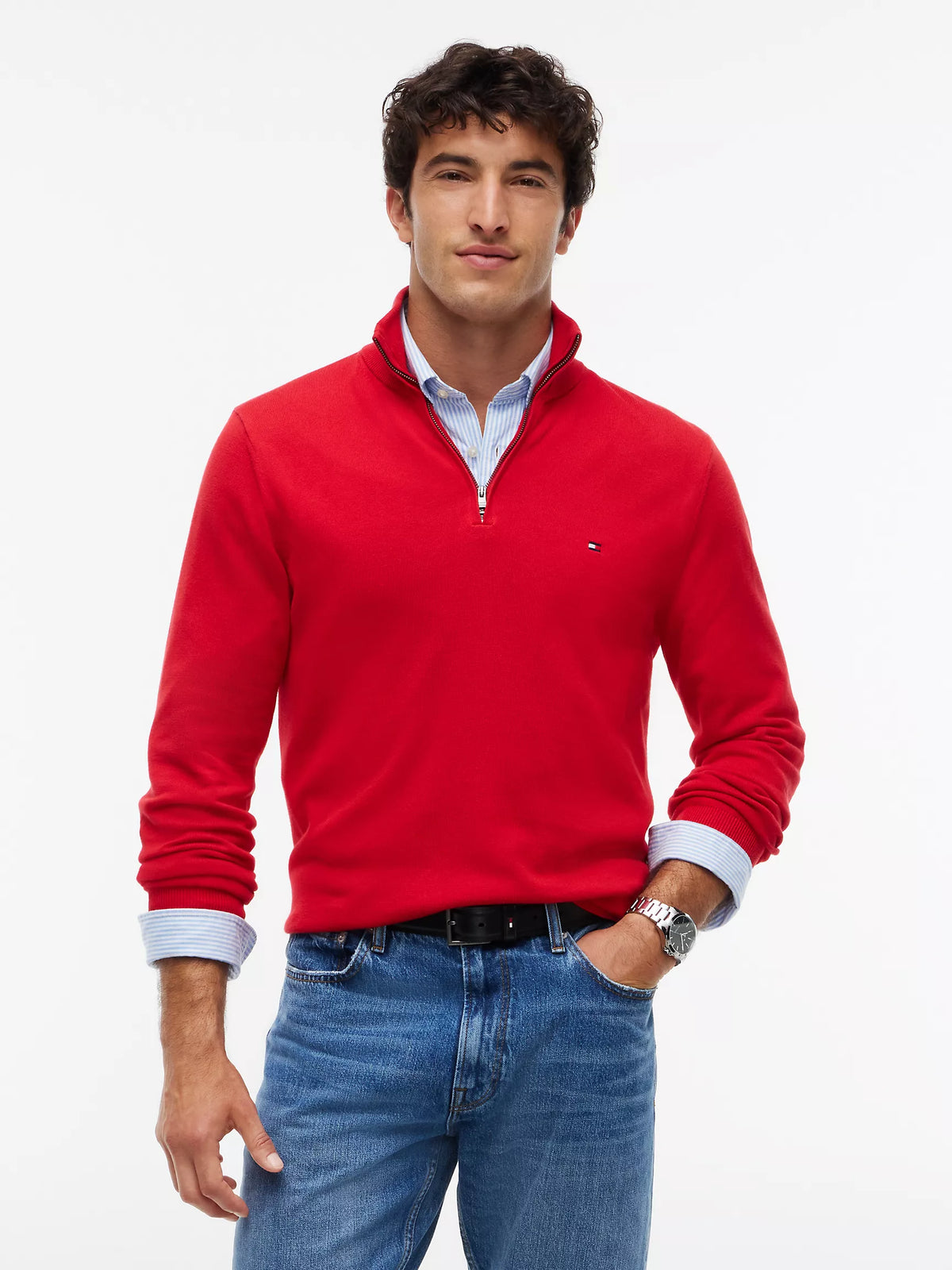 Tommy Hilfiger Regular Fit Quater-Zip Mock Neck Sweater in Red