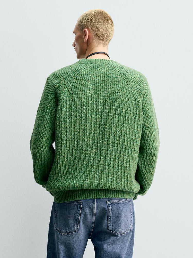 Zara Regular Fit Purl Knit Flecked Jumper Sweater In Green