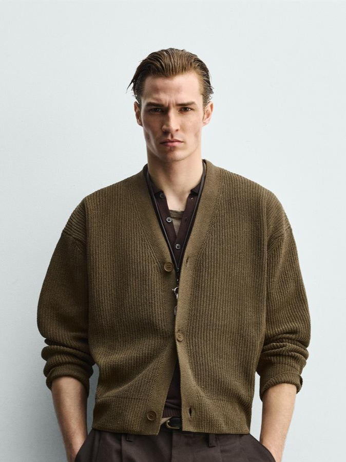 Zara Textured Relaxed Fit Cardigan in Khaki