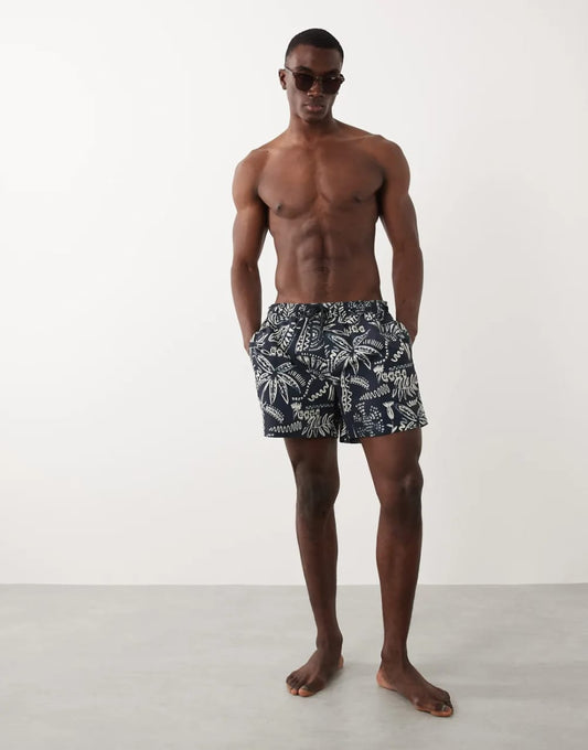 New Look Navy Sketch Palm Swim Short